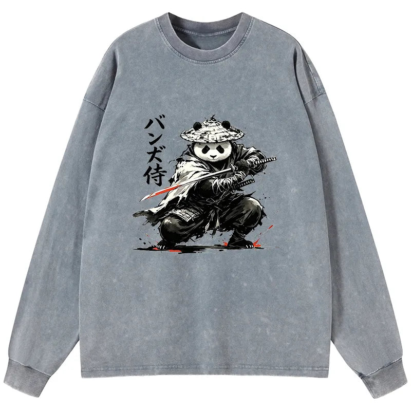 Kyoto-Lion Panda Samurai Warrior Washed Long Sleeve T-Shirt
