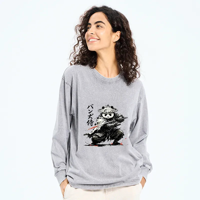 Kyoto-Lion Panda Samurai Warrior Washed Long Sleeve T-Shirt