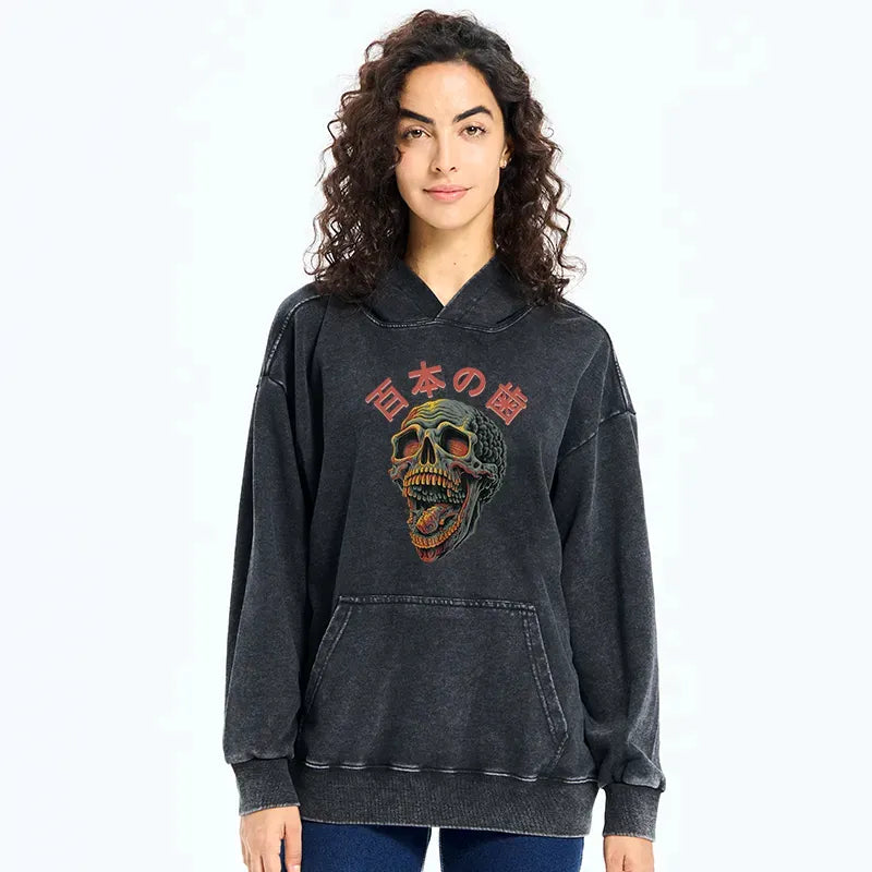 Japanese skull washed hoodie for streetwear
