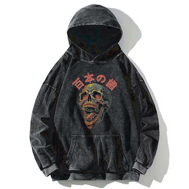 Japanese skull washed hoodie for streetwear