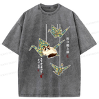 Kyoto-Lion Ukiyoe Japan Origami and cats Funny Washed T-Shirt