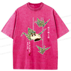 Kyoto-Lion Ukiyoe Japan Origami and cats Funny Washed T-Shirt