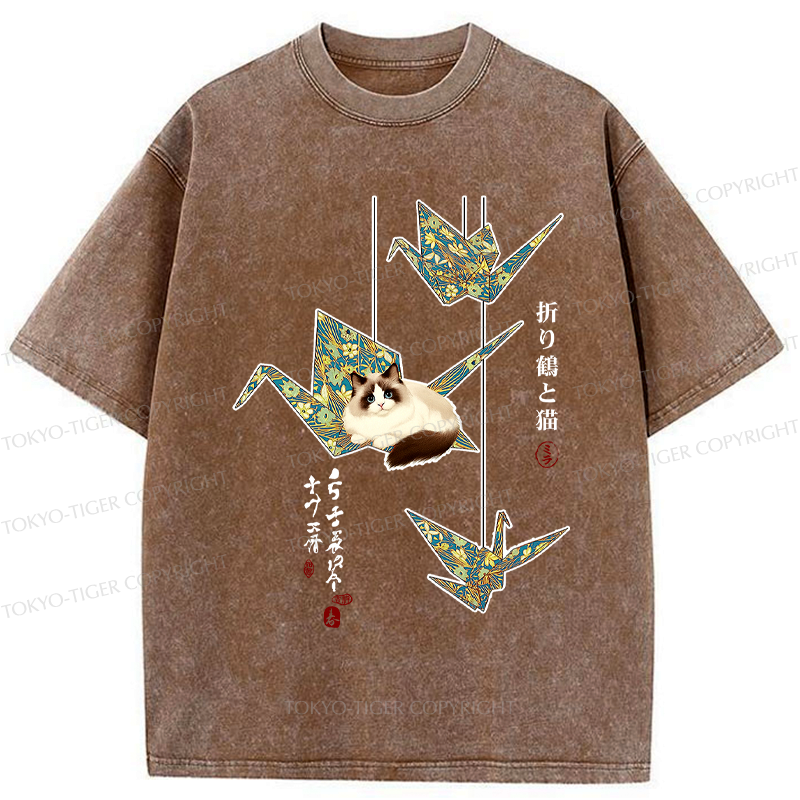 Kyoto-Lion Ukiyoe Japan Origami and cats Funny Washed T-Shirt