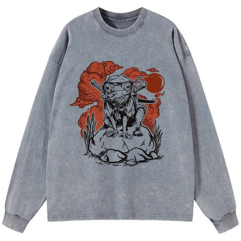 Kyoto-Lion Ninja Frog Japanese Washed Long Sleeve T-Shirt