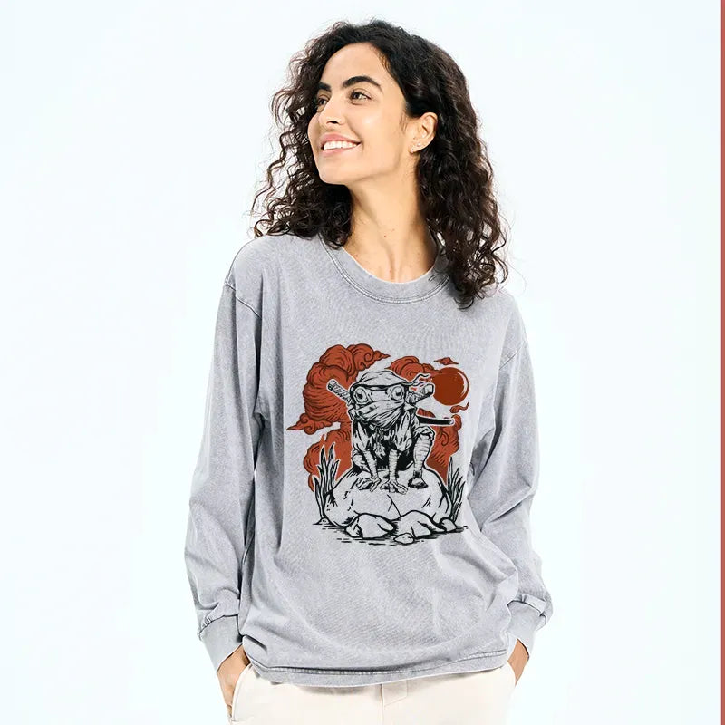 Kyoto-Lion Ninja Frog Japanese Washed Long Sleeve T-Shirt