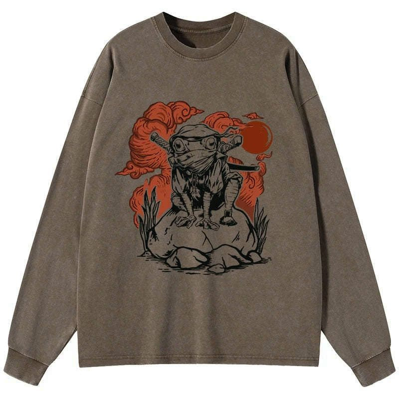 Kyoto-Lion Ninja Frog Japanese Washed Long Sleeve T-Shirt