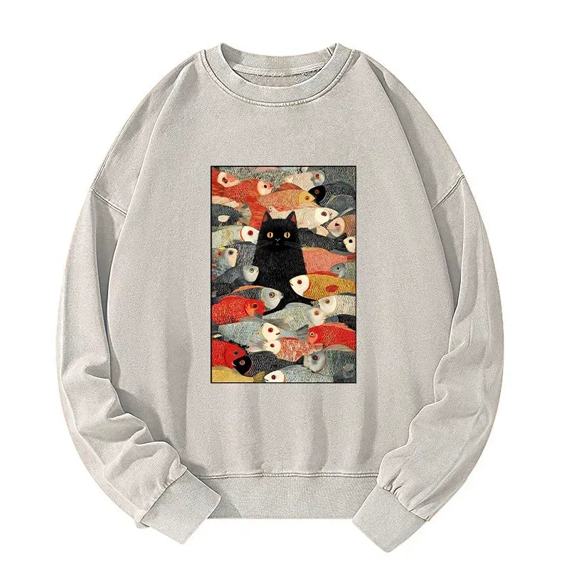 Kyoto-Lion Cats And Fish Washed Sweatshirt