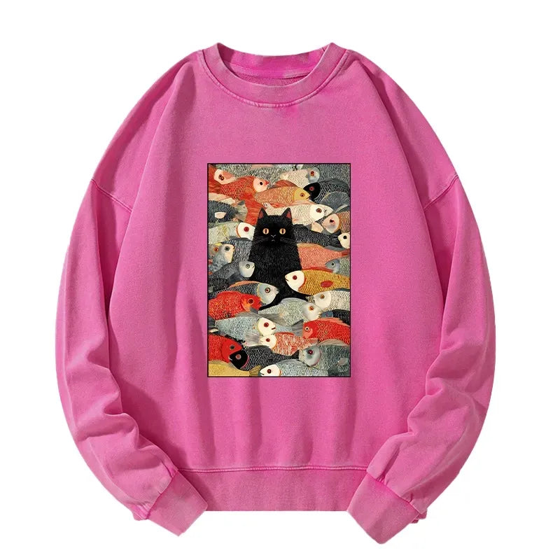 Kyoto-Lion Cats And Fish Washed Sweatshirt