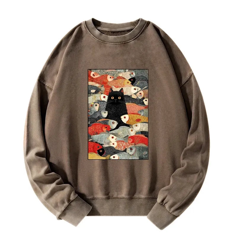 Japanese Cat Fish Washed Sweatshirt for Daily Wear