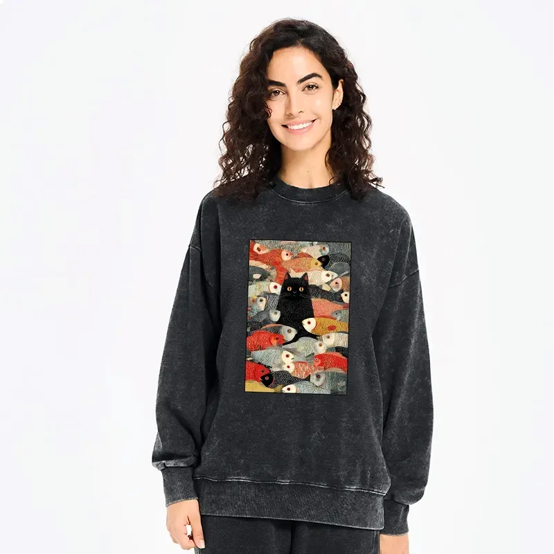 Kyoto-Lion Cats And Fish Washed Sweatshirt