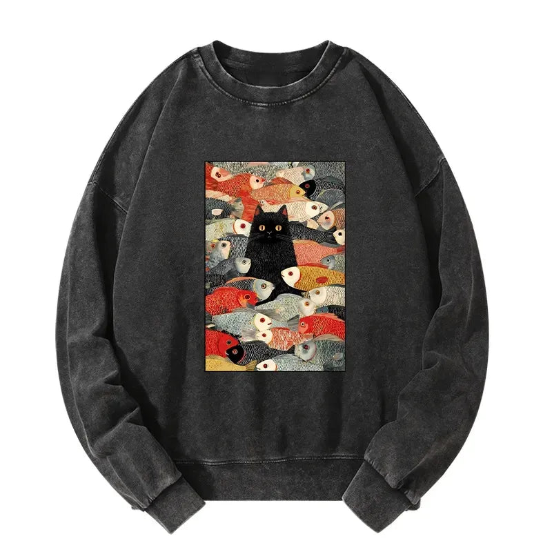 Kyoto-Lion Cats And Fish Washed Sweatshirt