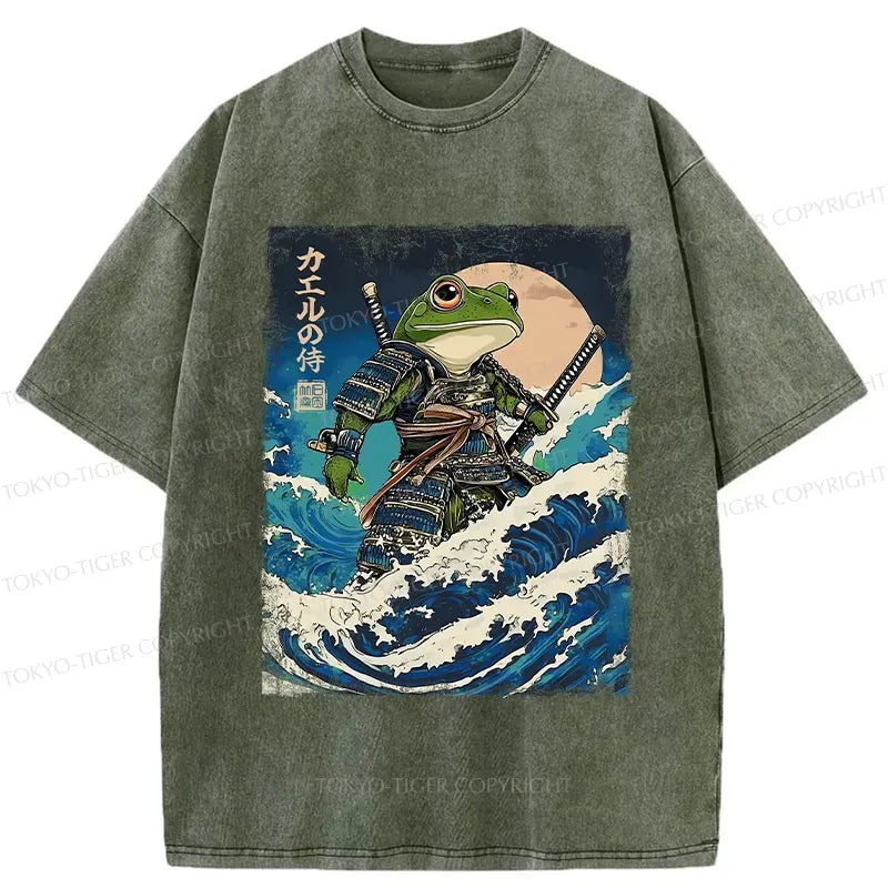 Kyoto-Lion Frog Samurai In The Great Wave Washed T-Shirt