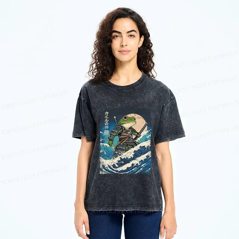 Kyoto-Lion Frog Samurai In The Great Wave Washed T-Shirt