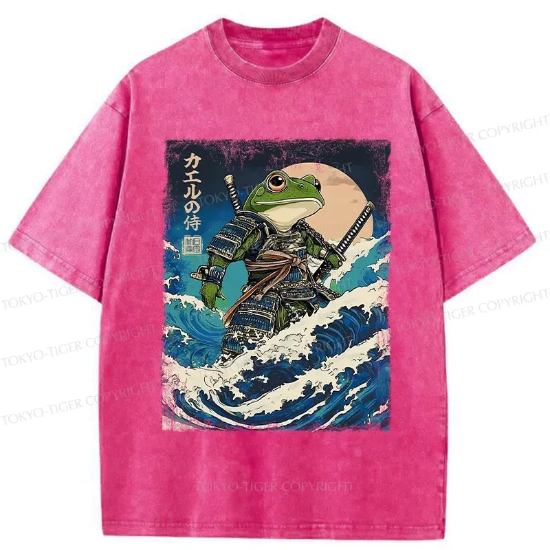 Kyoto-Lion Frog Samurai In The Great Wave Washed T-Shirt
