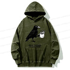 Kyoto-Lion Crow Drinking Black Coffee Funny Washed Hoodie