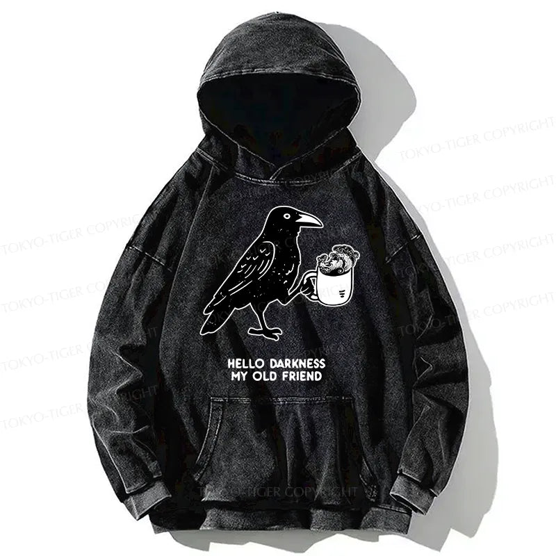 Kyoto-Lion Crow Drinking Black Coffee Funny Washed Hoodie