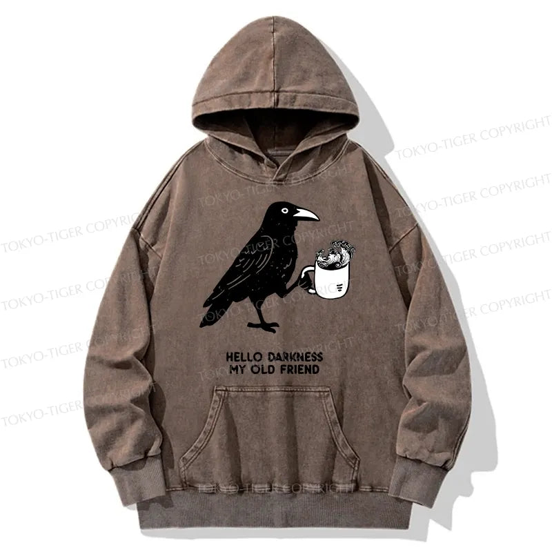 Kyoto-Lion Crow Drinking Black Coffee Funny Washed Hoodie