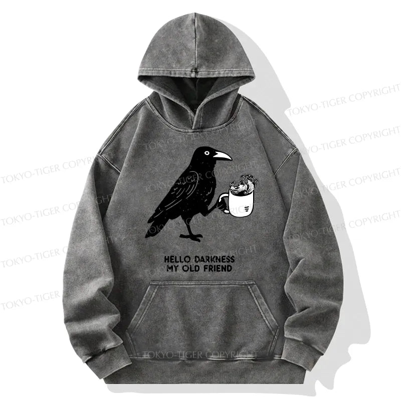 Kyoto-Lion Crow Drinking Black Coffee Funny Washed Hoodie