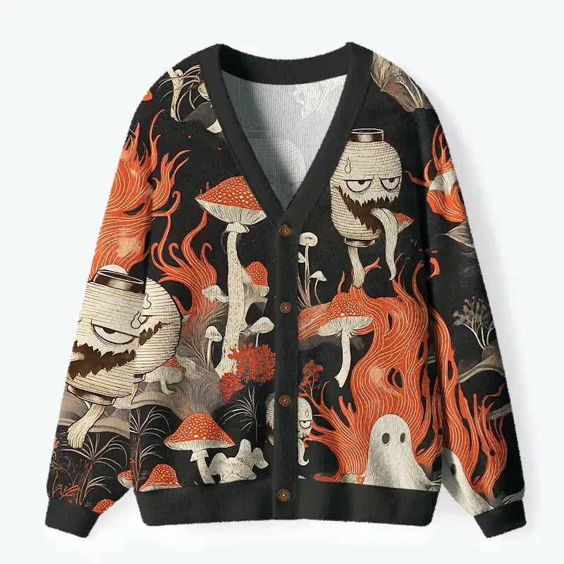 Kyoto-Lion Japanese Lantern Ghost Ugly Cardigan Sweater