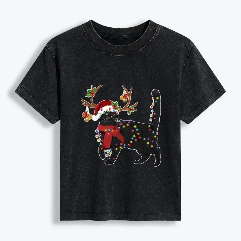 Kyoto-Lion Christmas Black Cat Women's Washed T-shirt