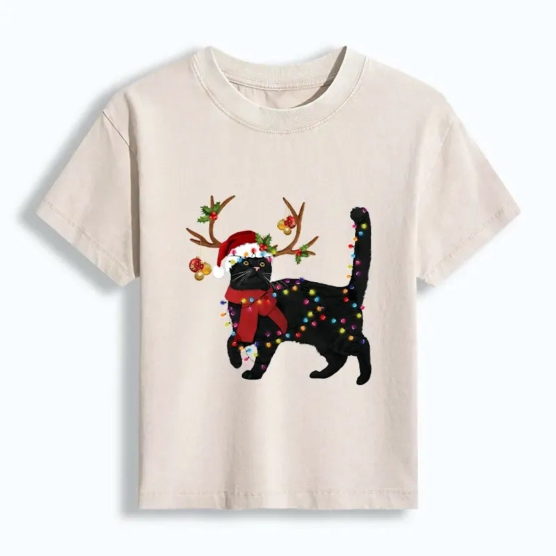 Kyoto-Lion Christmas Black Cat Women's Washed T-shirt
