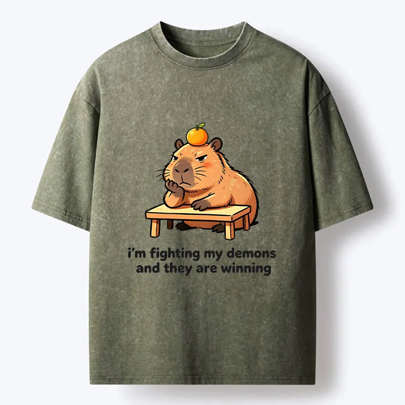 Kyoto-Lion Funny Orange Capybara Meme Washed T-Shirt