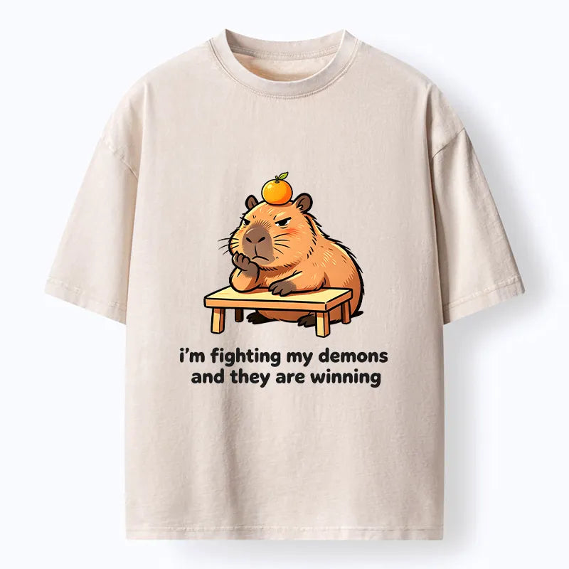 Kyoto-Lion Funny Orange Capybara Meme Washed T-Shirt