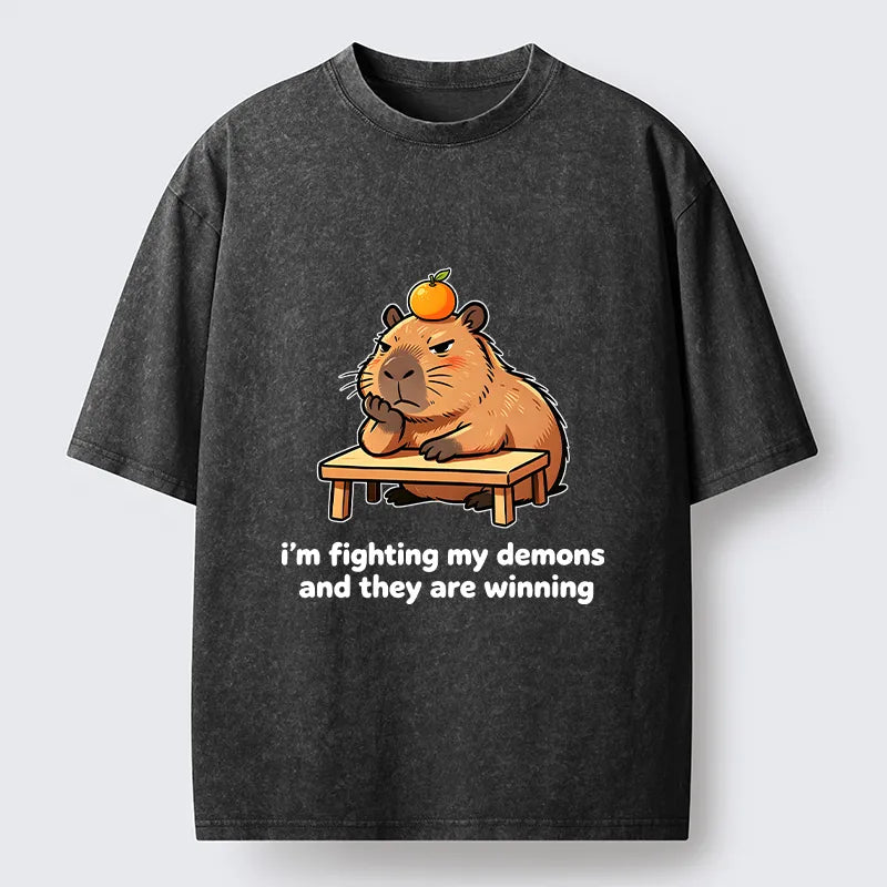 Kyoto-Lion Funny Orange Capybara Meme Washed T-Shirt