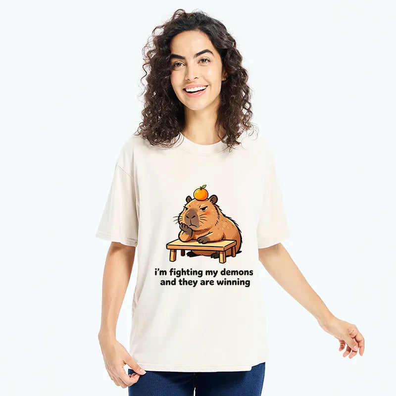 Kyoto-Lion Funny Orange Capybara Meme Washed T-Shirt