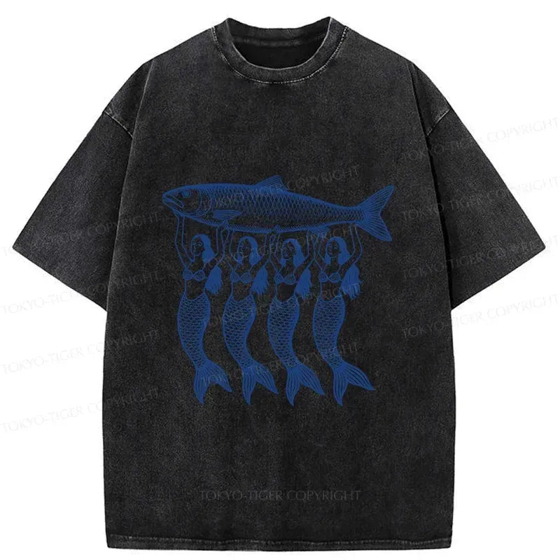 Kyoto-Lion Mermaids Holding Fish Washed T-Shirt