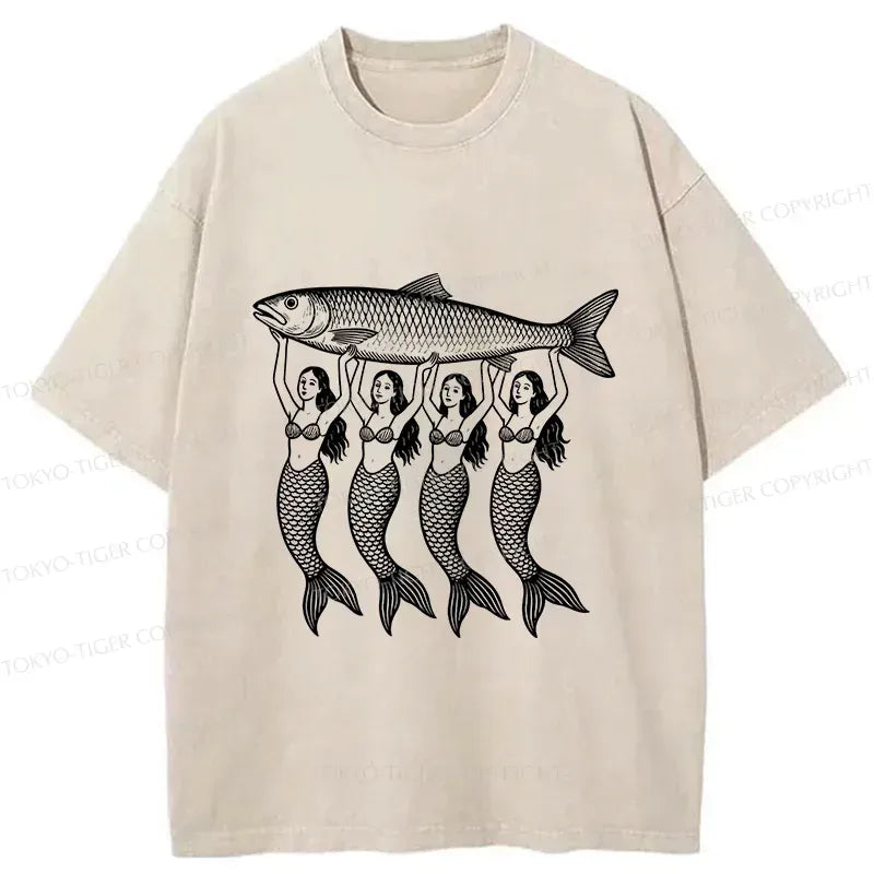 Kyoto-Lion Mermaids Holding Fish Washed T-Shirt