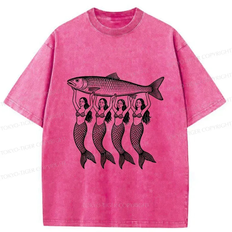 Kyoto-Lion Mermaids Holding Fish Washed T-Shirt