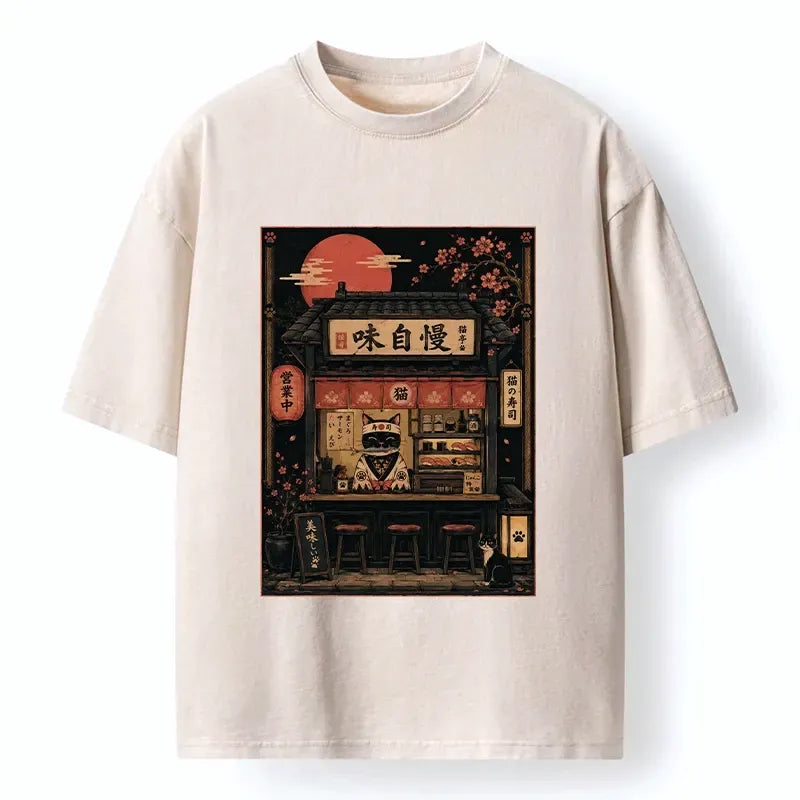 Kyoto-Lion Cat Sushi Shop Retro Street Art Washed T-Shirt