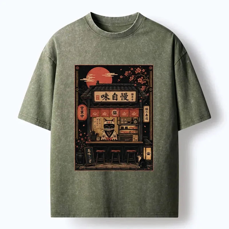 Kyoto-Lion Cat Sushi Shop Retro Street Art Washed T-Shirt