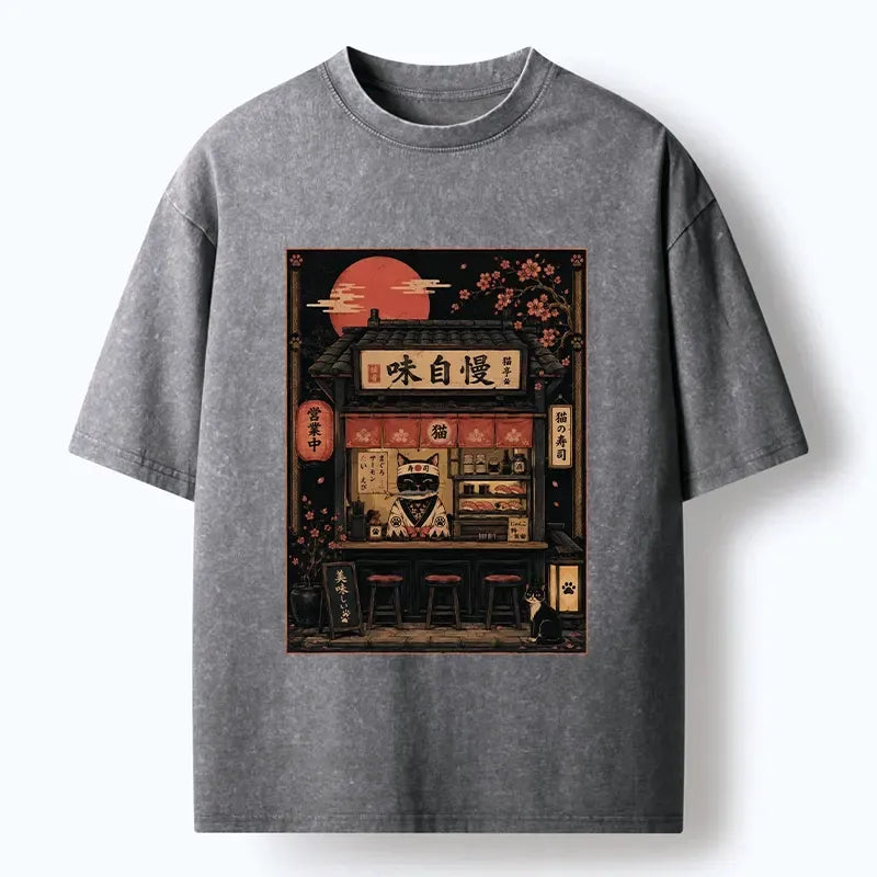 Kyoto-Lion Cat Sushi Shop Retro Street Art Washed T-Shirt