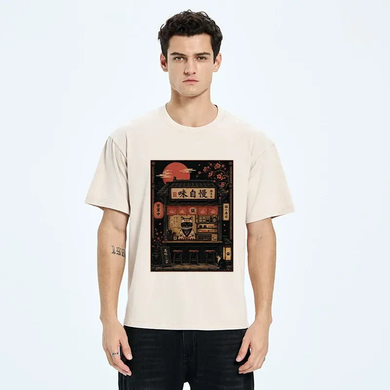Kyoto-Lion Cat Sushi Shop Retro Street Art Washed T-Shirt