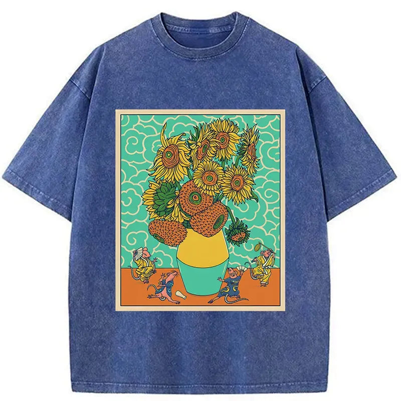 Kyoto-Lion Japanese Mouse Dancing Sunflower Washed T-Shirt