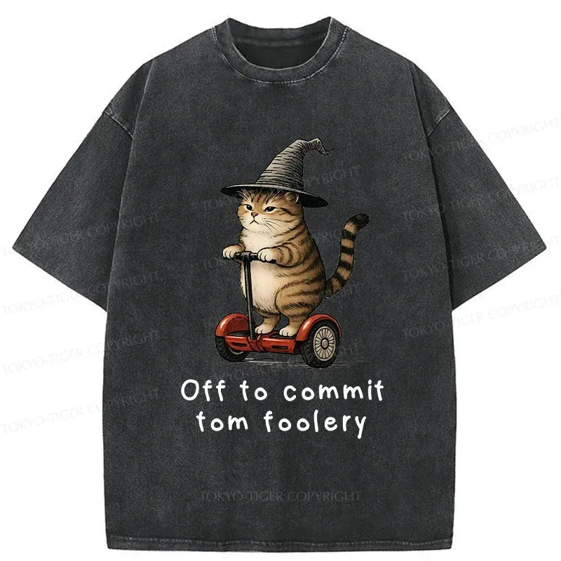 Kyoto-Lion Orange Cat Riding Segway-style Washed T-Shirt