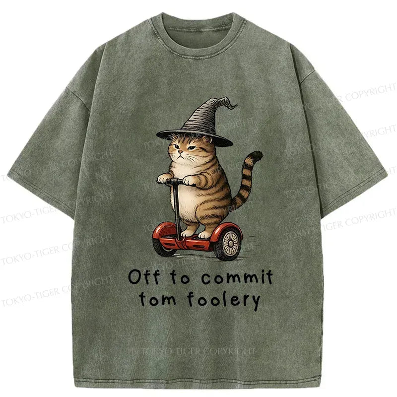 Kyoto-Lion Orange Cat Riding Segway-style Washed T-Shirt