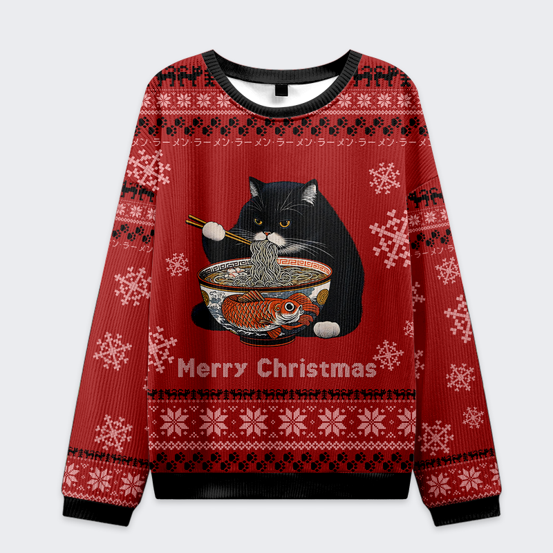 Kyoto-Lion Fat Cat Eating Ramen Christmas Ugly Sweatshirt