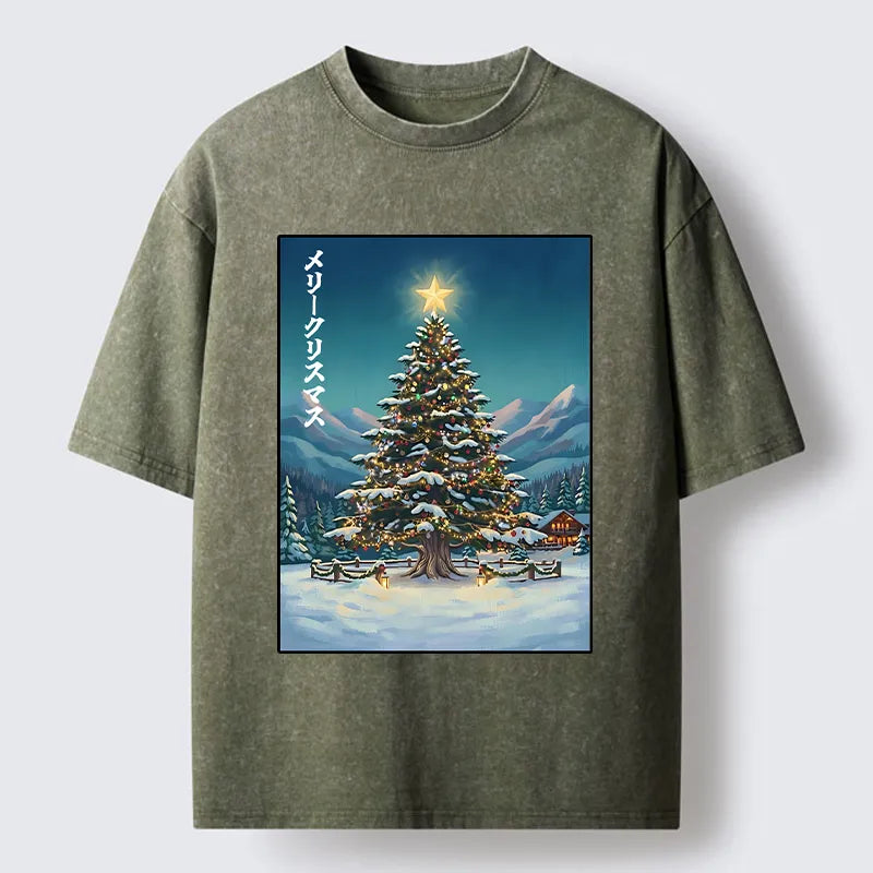 Kyoto-Lion Snow Mountain Christmas Tree Vibe Washed T-Shirt