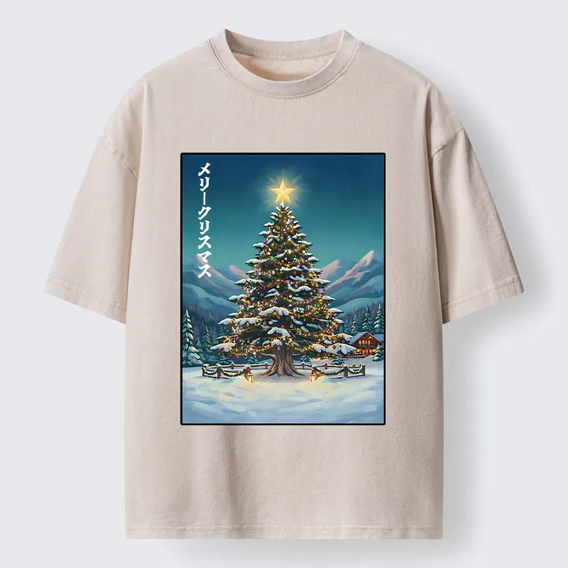 Kyoto-Lion Snow Mountain Christmas Tree Vibe Washed T-Shirt