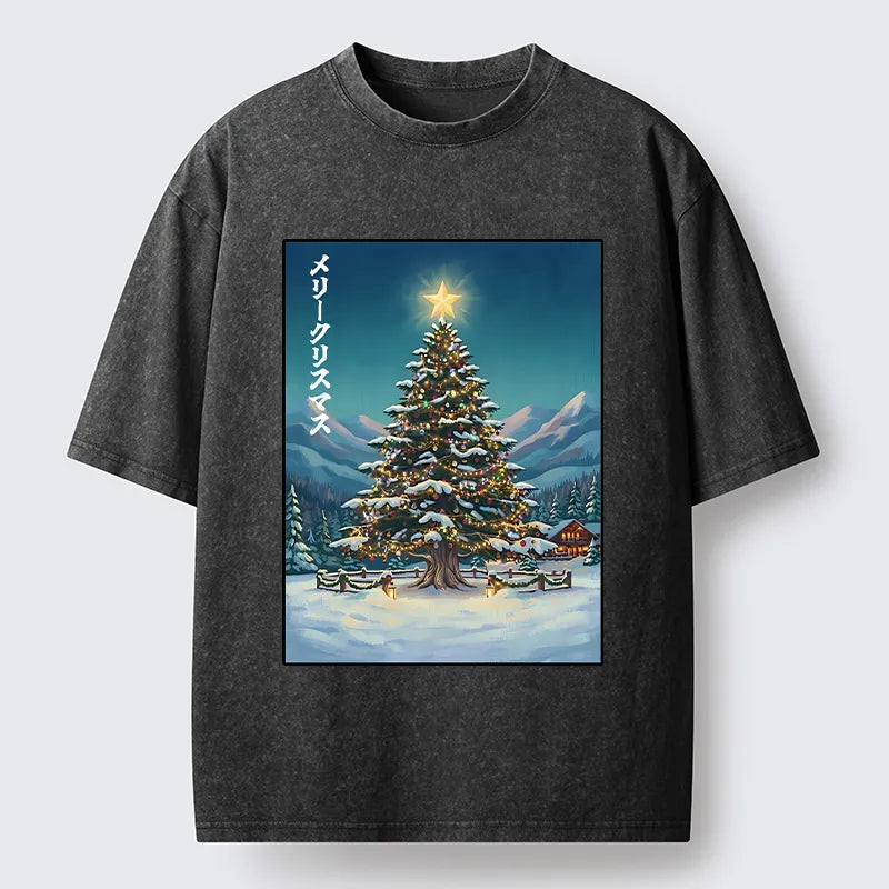 Kyoto-Lion Snow Mountain Christmas Tree Vibe Washed T-Shirt