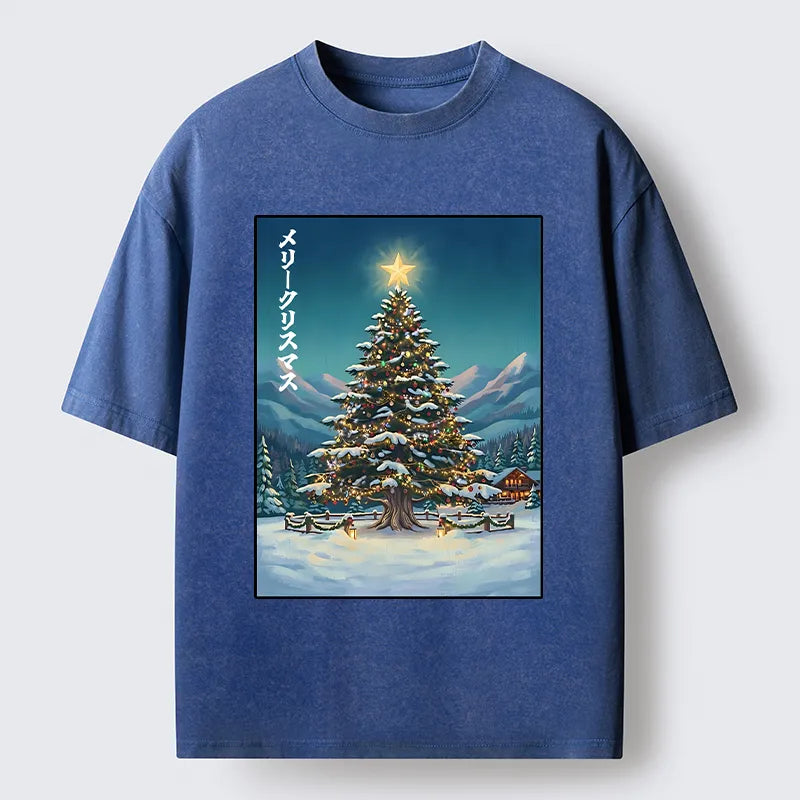 Kyoto-Lion Snow Mountain Christmas Tree Vibe Washed T-Shirt