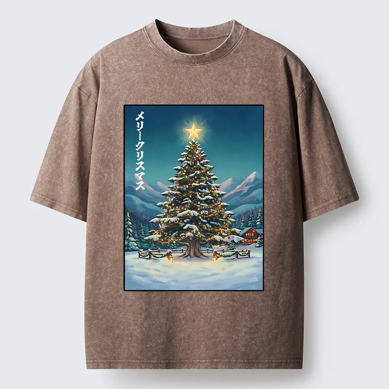 Kyoto-Lion Snow Mountain Christmas Tree Vibe Washed T-Shirt