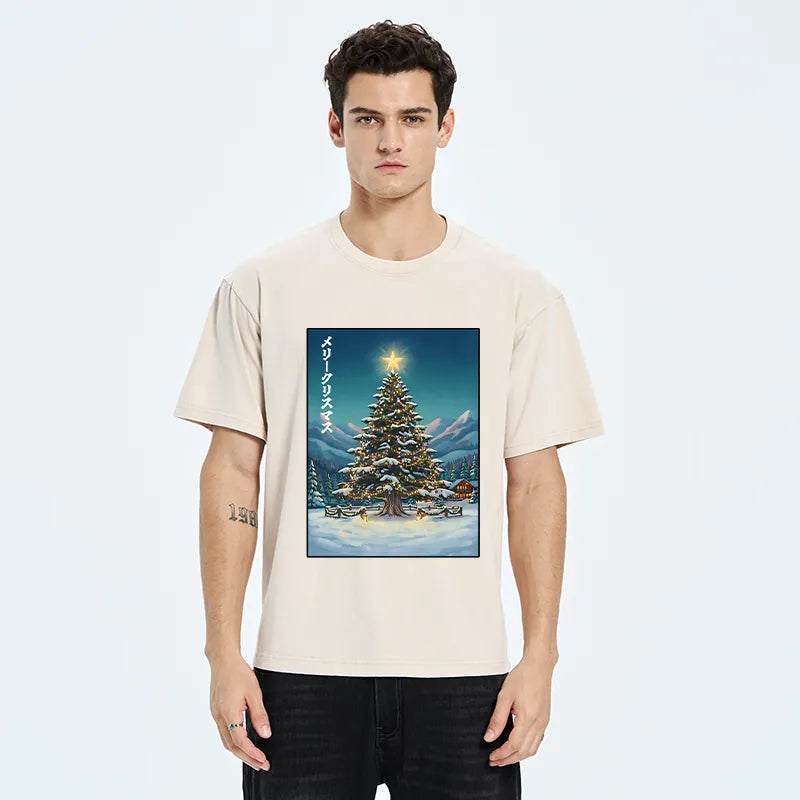 Kyoto-Lion Snow Mountain Christmas Tree Vibe Washed T-Shirt