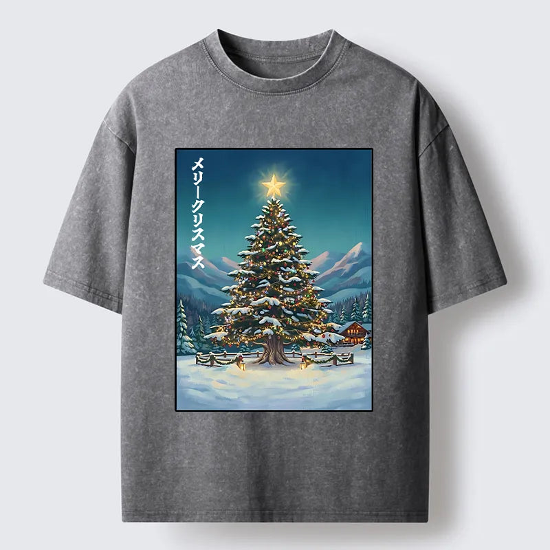 Kyoto-Lion Snow Mountain Christmas Tree Vibe Washed T-Shirt