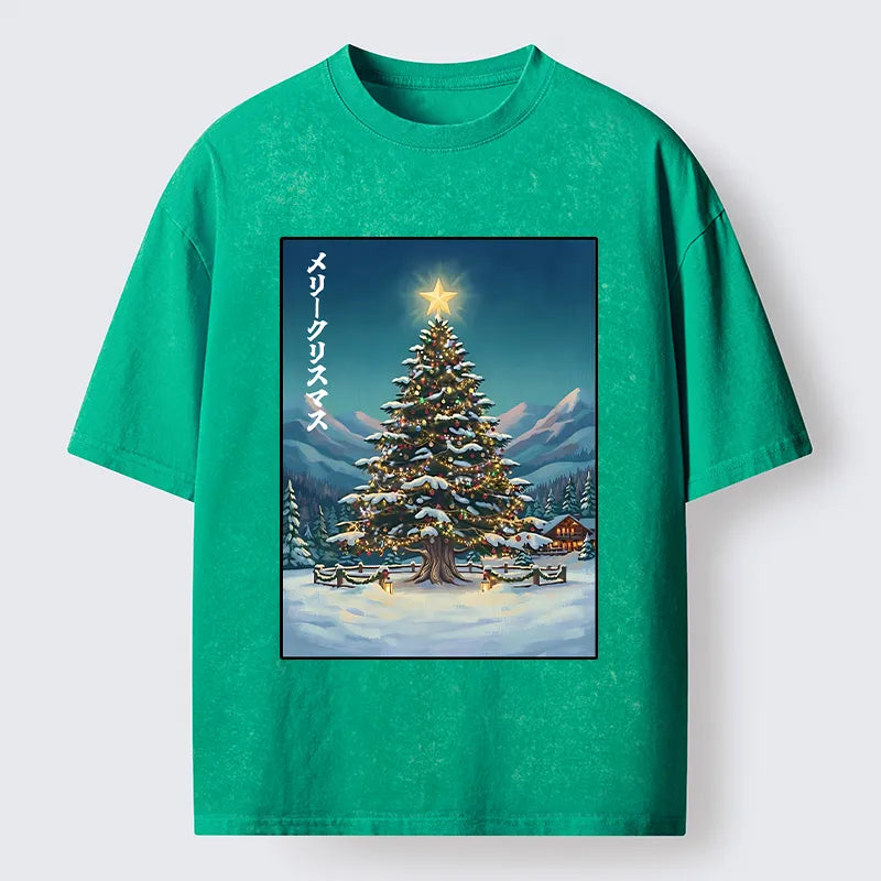 Kyoto-Lion Snow Mountain Christmas Tree Vibe Washed T-Shirt