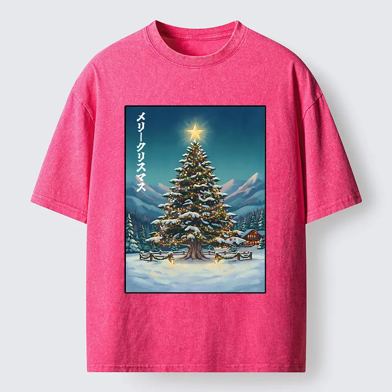 Kyoto-Lion Snow Mountain Christmas Tree Vibe Washed T-Shirt