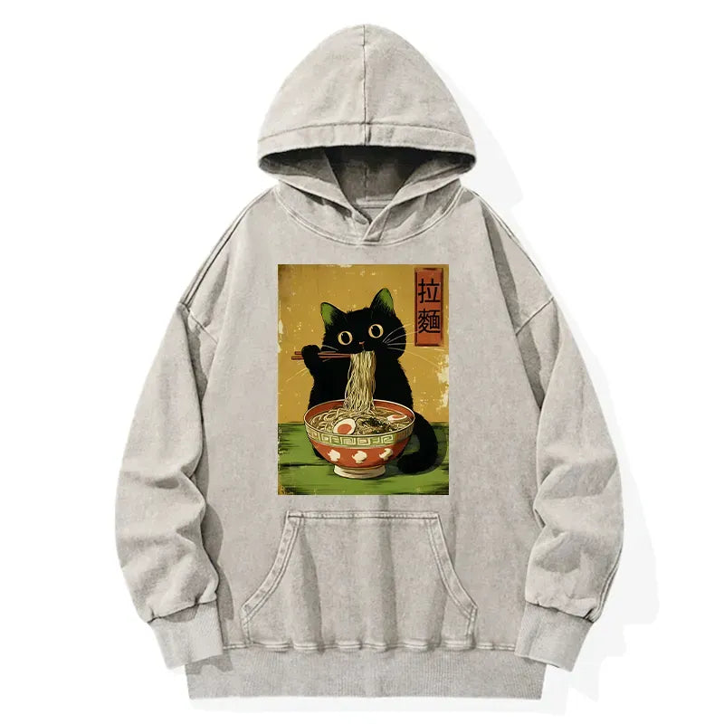 Kyoto-Lion Vintage Japanese Cat Eating Ramen Washed Hoodie
